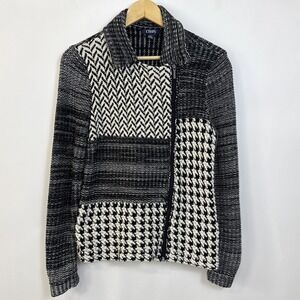 Chaps Sweater Cardigan Jacket Womens Medium Houndstooth Patchwork‎ Black Ivory